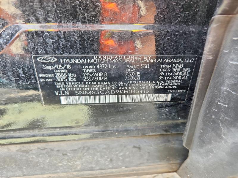 2019 Hyundai Santa Fe მანქანა იყიდება აუქციონზე, vin: 5NMS3CAD9KH035416, აუქციონის ნომერი: 64481976