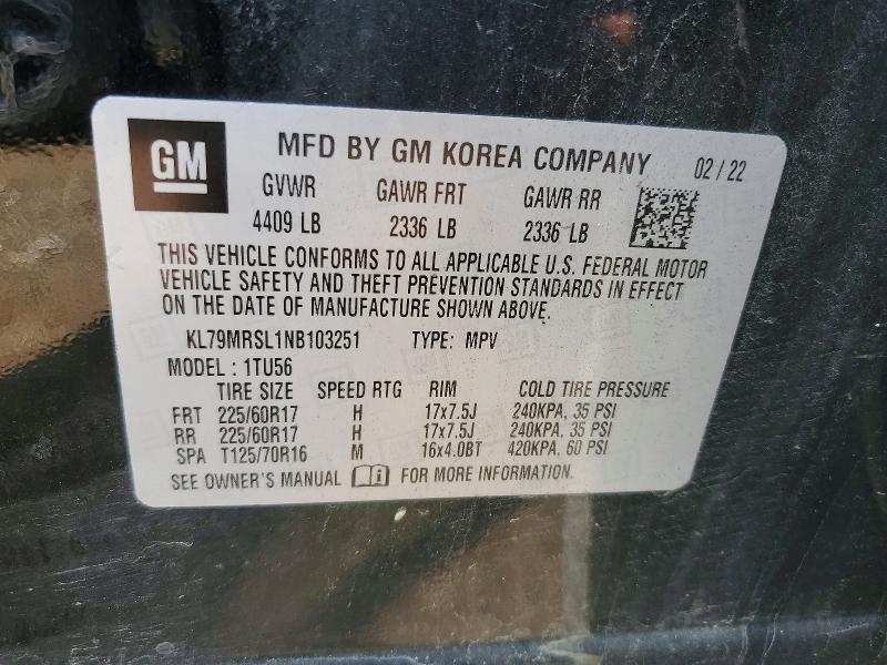 64362516 :رقم المزاد ، KL79MRSL1NB103251 vin ، 2022 Chevrolet Trailblazer مزاد بيع
