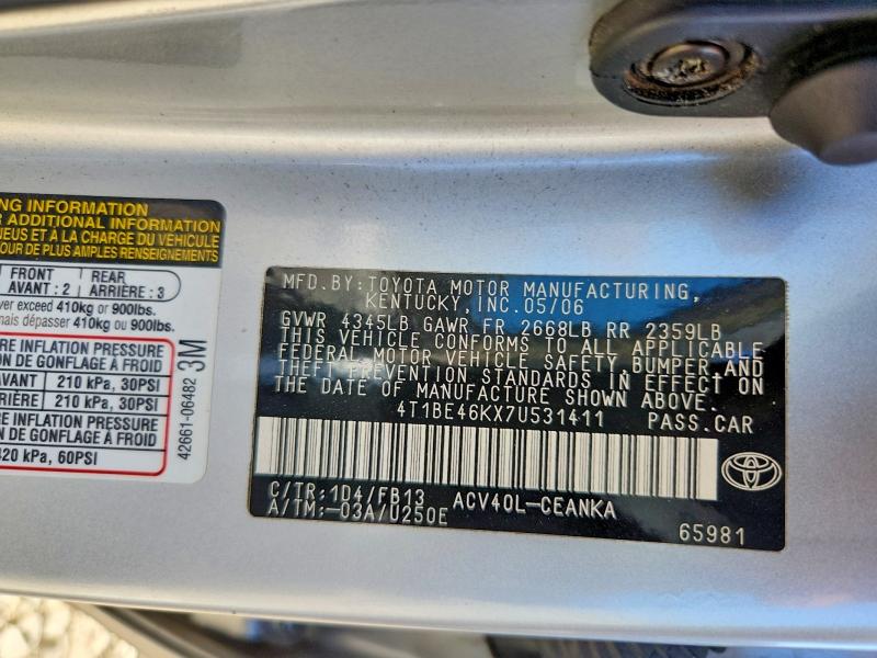 Aukcja sprzedaży 2007 Toyota Camry, vin: 4T1BE46KX7U531411, numer aukcji: 64624736