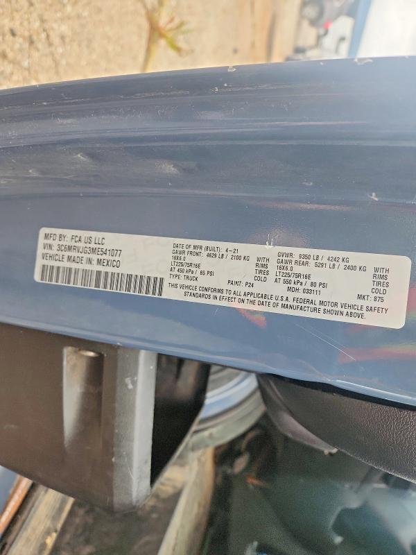 65214356 :رقم المزاد ، 3C6MRVJG3ME541077 vin ، 2021 Ram Promaster 3500 مزاد بيع