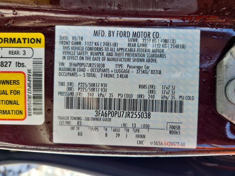 Продажа на аукционе авто 2018 Ford Fusion, vin: 3FA6P0PU7JR255038, номер лота: 66763576