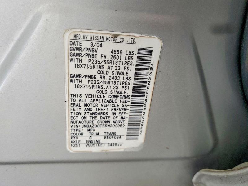 2005 Nissan Murano მანქანა იყიდება აუქციონზე, vin: JN8AZ08T55W302952, აუქციონის ნომერი: 66774326