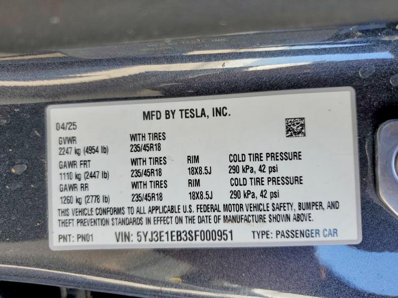 Aukcja sprzedaży 2025 Tesla Model 3, vin: 5YJ3E1EB3SF000951, numer aukcji: 63249676