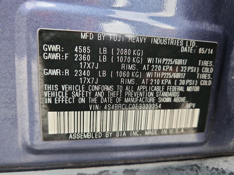 65177736 :رقم المزاد ، 4S4BRCLC0E3322354 vin ، 2014 Subaru Outback مزاد بيع