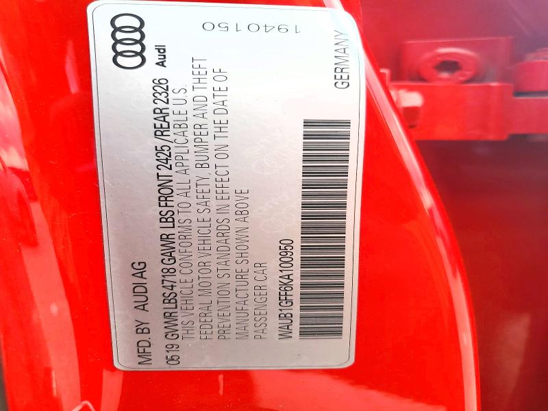 2019 Audi S3 მანქანა იყიდება აუქციონზე, vin: WAUB1GFF6KA100950, აუქციონის ნომერი: 65453456