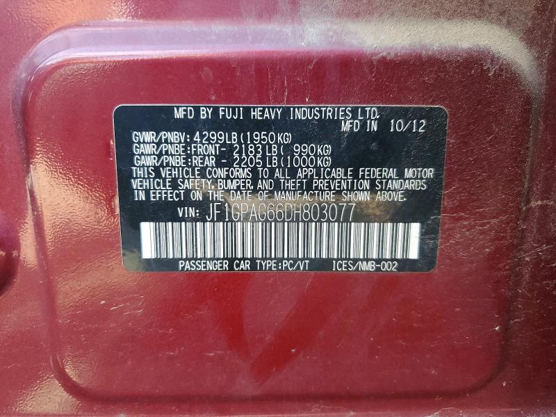 2013 Subaru Impreza მანქანა იყიდება აუქციონზე, vin: JF1GPAG66DH803077, აუქციონის ნომერი: 65138906