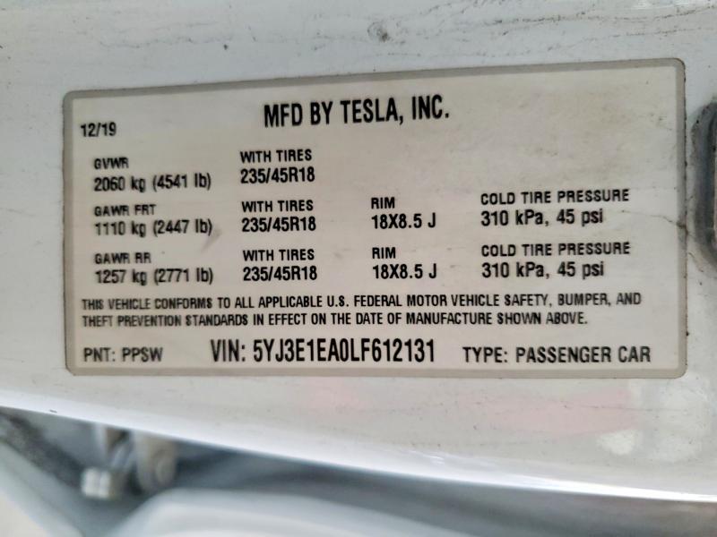 61452996 :رقم المزاد ، 5YJ3E1EA0LF612131 vin ، 2020 Tesla Model 3 مزاد بيع