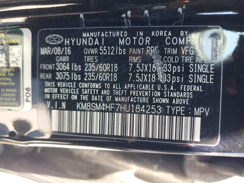 63885066 :رقم المزاد ، KM8SM4HF7HU184253 vin ، 2017 Hyundai Santa Fe مزاد بيع