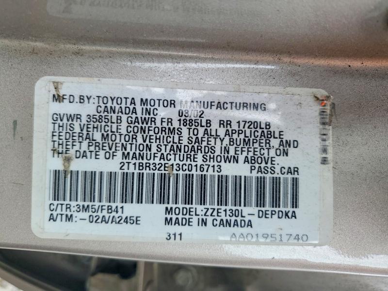 Aukcja sprzedaży 2003 Toyota Corolla, vin: 2T1BR32E13C016713, numer aukcji: 65954926