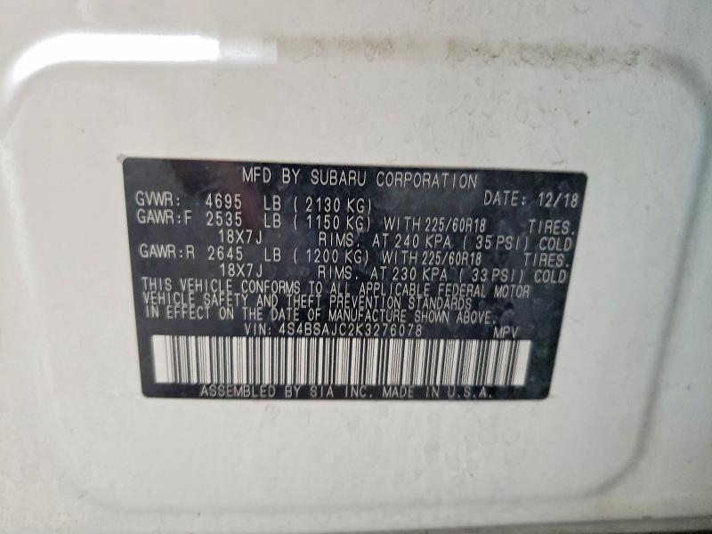 64413706 :رقم المزاد ، 4S4BSAJC2K3276078 vin ، 2019 Subaru Outback مزاد بيع