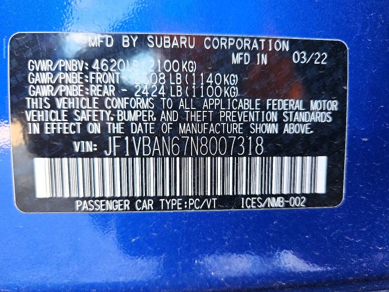Aukcja sprzedaży 2022 Subaru Wrx, vin: JF1VBAN67N8007318, numer aukcji: 65711866