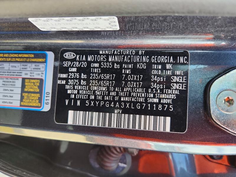 65651046 :رقم المزاد ، 5XYPG4A3XLG711875 vin ، 2020 Kia Sorento مزاد بيع