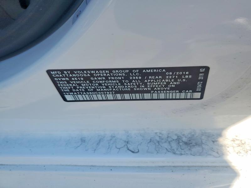 2017 Volkswagen Passat მანქანა იყიდება აუქციონზე, vin: 1VWAT7A36HC007927, აუქციონის ნომერი: 63169036