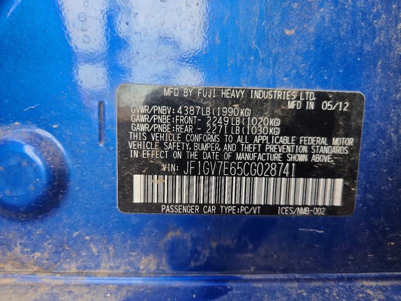 65957886 :رقم المزاد ، JF1GV7E65CG028741 vin ، 2012 Subaru Impreza مزاد بيع