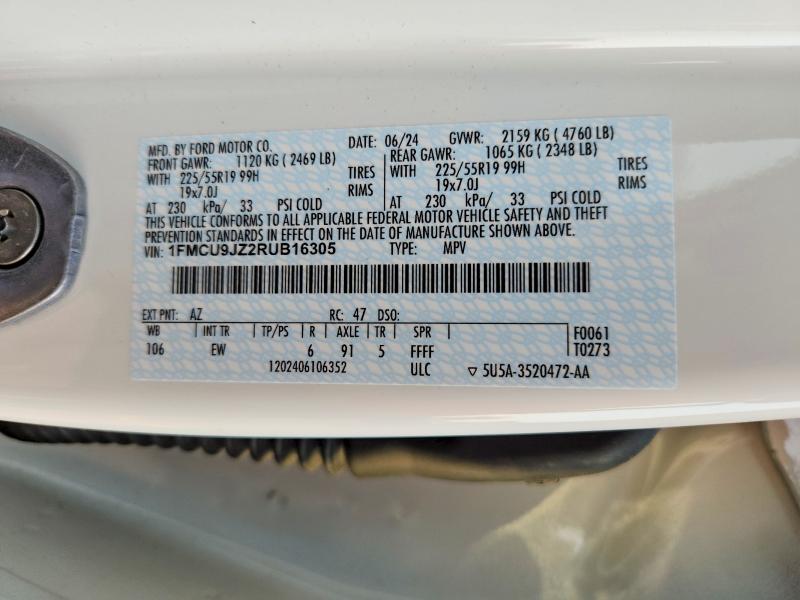 2024 Ford Escape მანქანა იყიდება აუქციონზე, vin: 1FMCU9JZ2RUB16305, აუქციონის ნომერი: 64294156