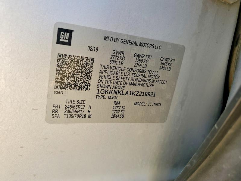 65682626 :رقم المزاد ، 1GKKNKLA1KZ219921 vin ، 2019 Gmc Acadia مزاد بيع