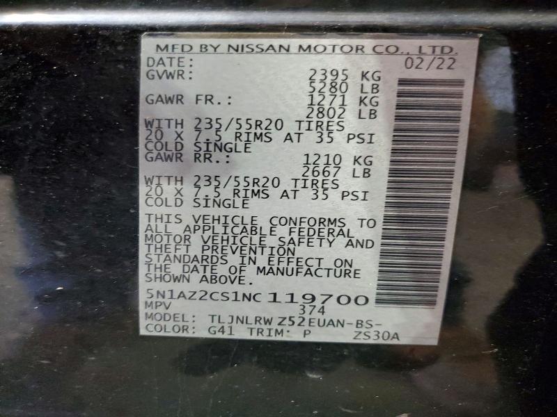 Продаж на аукціоні авто 2022 Nissan Murano, vin: 5N1AZ2CS1NC119700, номер лоту: 65797846