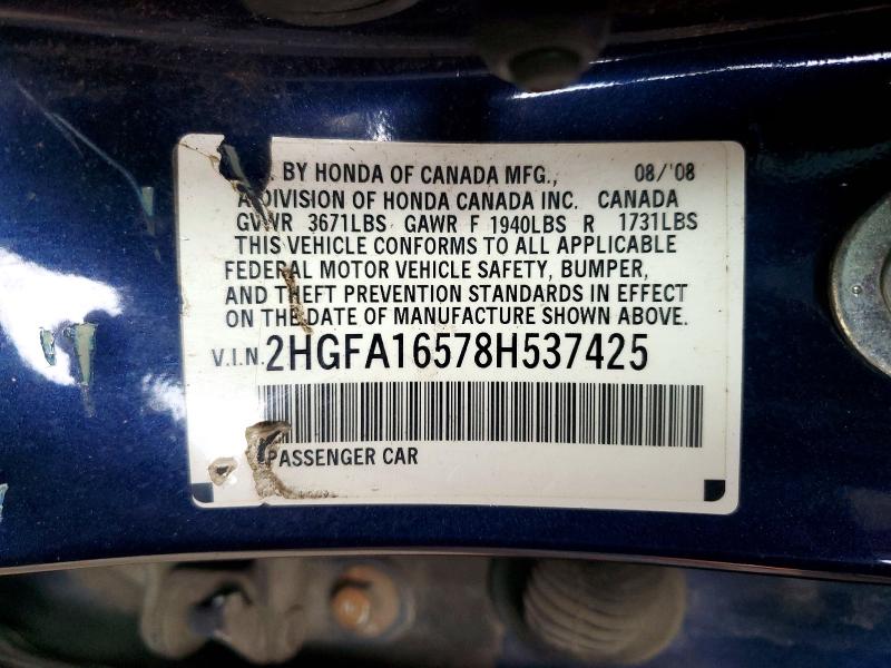Aukcja sprzedaży 2008 Honda Civic, vin: 2HGFA16578H537425, numer aukcji: 64603076