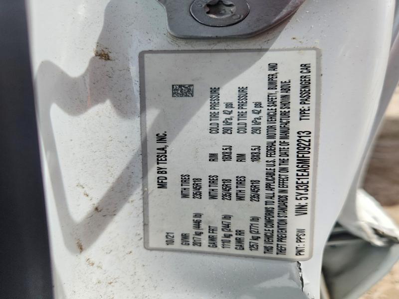 2021 Tesla Model 3 მანქანა იყიდება აუქციონზე, vin: 5YJ3E1EA6MF092213, აუქციონის ნომერი: 63889256