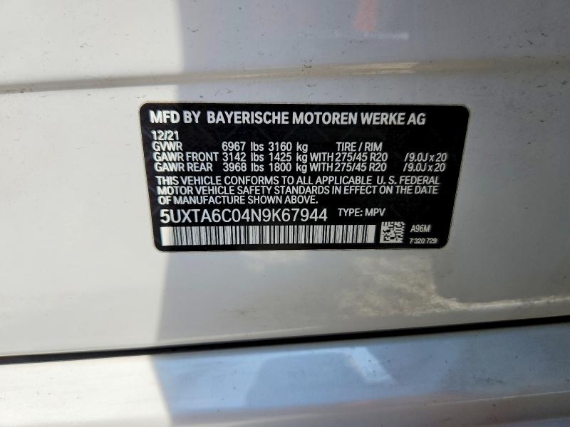 66140116 :رقم المزاد ، 5UXTA6C04N9K67944 vin ، 2022 Bmw X5 مزاد بيع