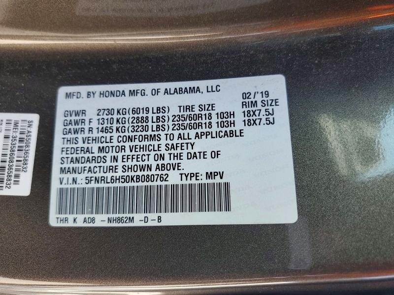 Aukcja sprzedaży 2019 Honda Odyssey, vin: 5FNRL6H50KB080762, numer aukcji: 66733086