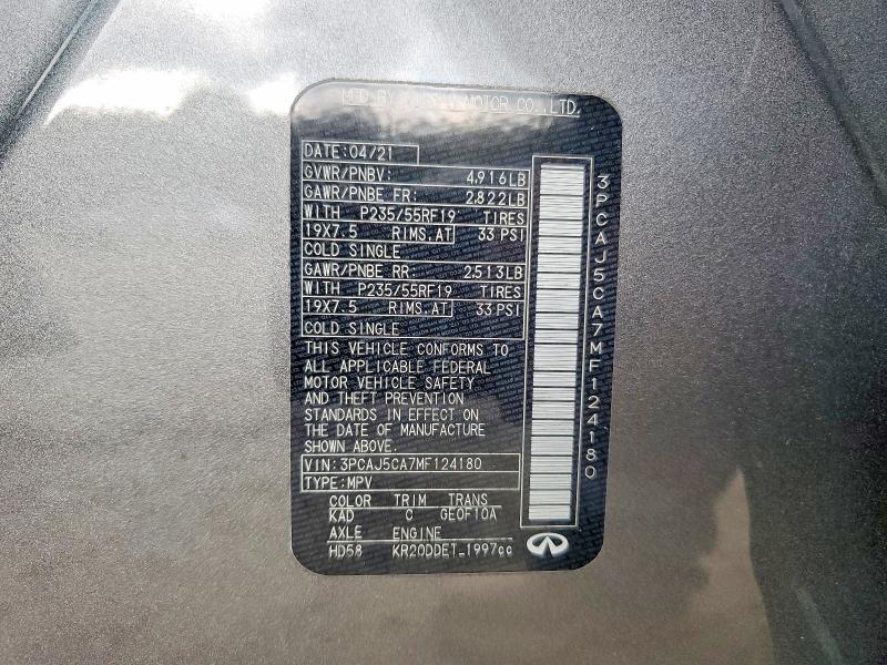 63805796 :رقم المزاد ، 3PCAJ5CA7MF124180 vin ، 2021 Infiniti Qx50 مزاد بيع