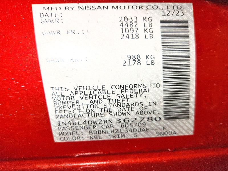 Продаж на аукціоні авто 2024 Nissan Altima, vin: 1N4BL4DW2RN362780, номер лоту: 65002786