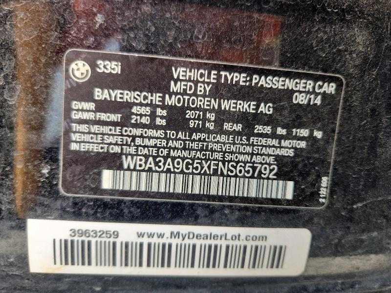 66195646 :رقم المزاد ، WBA3A9G5XFNS65792 vin ، 2015 Bmw 335 مزاد بيع