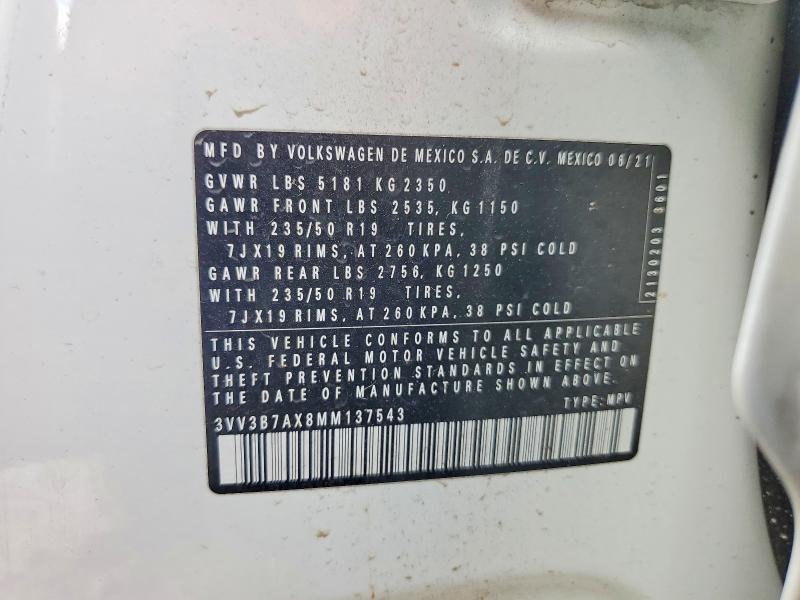 Продаж на аукціоні авто 2021 Volkswagen Tiguan, vin: 3VV3B7AX8MM137543, номер лоту: 66138576
