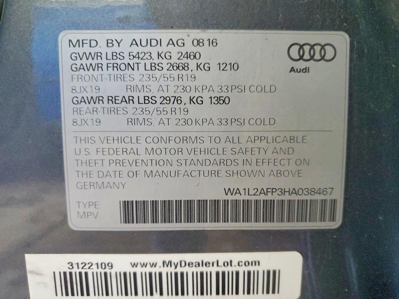 Aukcja sprzedaży 2017 Audi Q5, vin: WA1L2AFP3HA038467, numer aukcji: 66618486