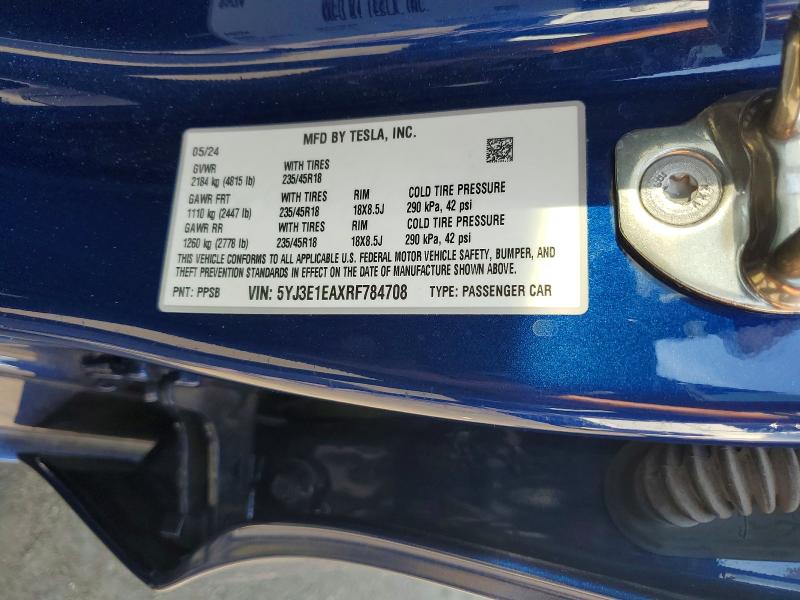 Aukcja sprzedaży 2024 Tesla Model 3, vin: 5YJ3E1EAXRF784708, numer aukcji: 64519806