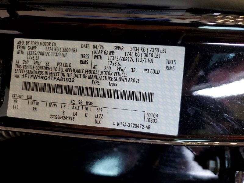 Aukcja sprzedaży 2026 Ford F150, vin: 1FTFW1RG1TFA81932, numer aukcji: 65812636