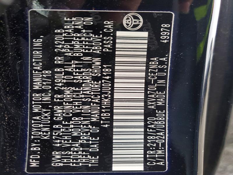 64423496 :رقم المزاد ، 4T1B11HK3JU074181 vin ، 2018 Toyota Camry مزاد بيع