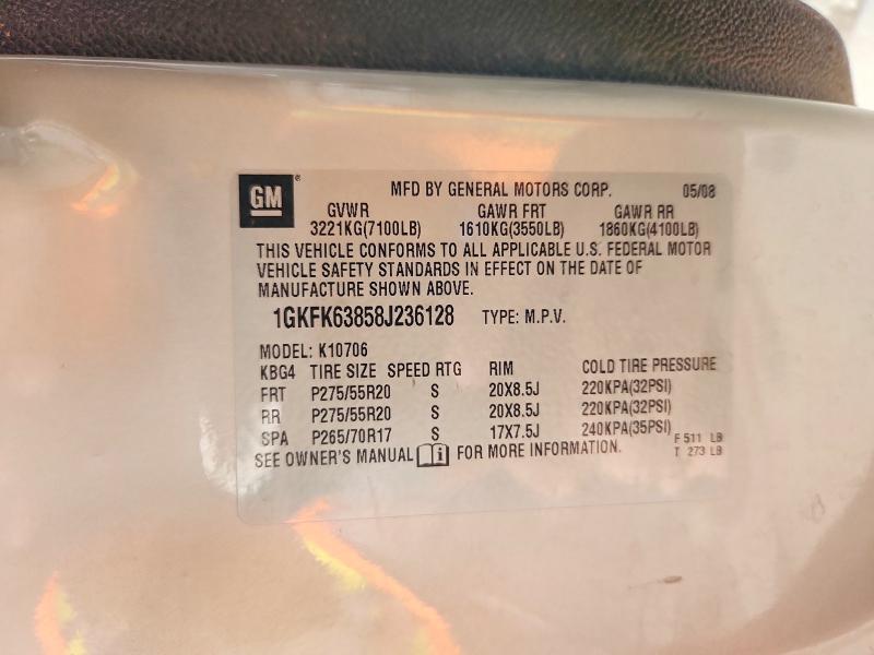 63831156 :رقم المزاد ، 1GKFK63858J236128 vin ، 2008 Gmc Yukon مزاد بيع