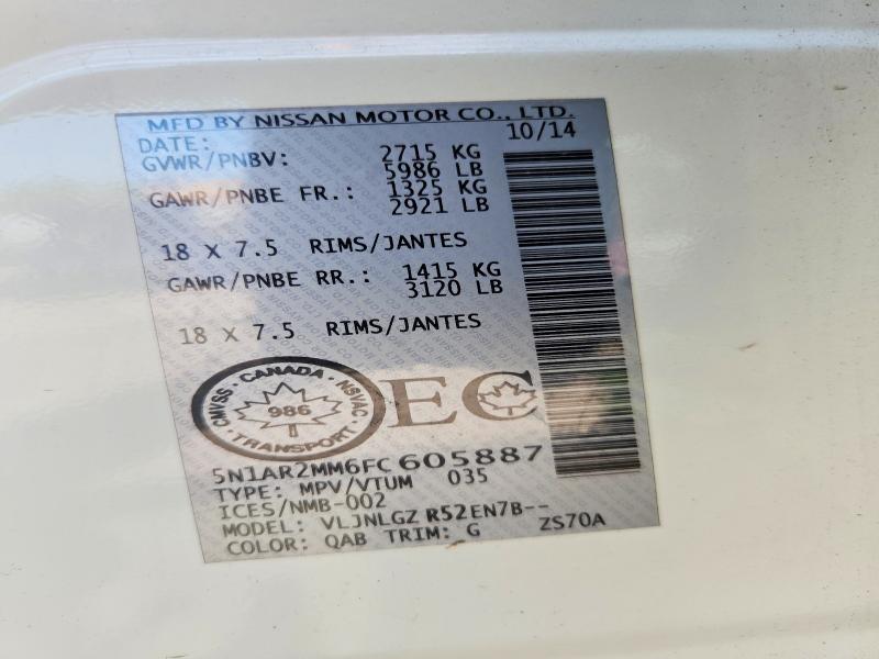64841206 :رقم المزاد ، 5N1AR2MM6FC605887 vin ، 2015 Nissan Pathfinder مزاد بيع