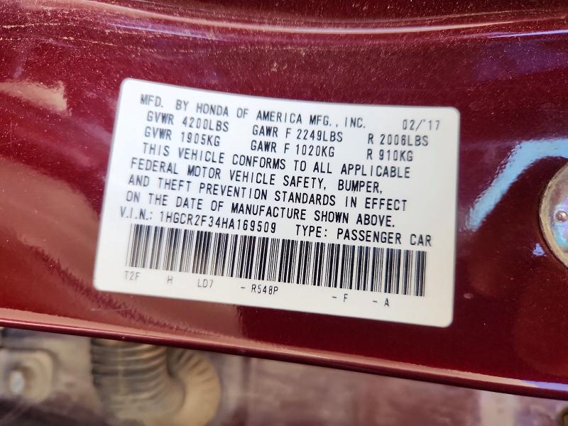 Aukcja sprzedaży 2017 Honda Accord, vin: 1HGCR2F34HA169509, numer aukcji: 64142706