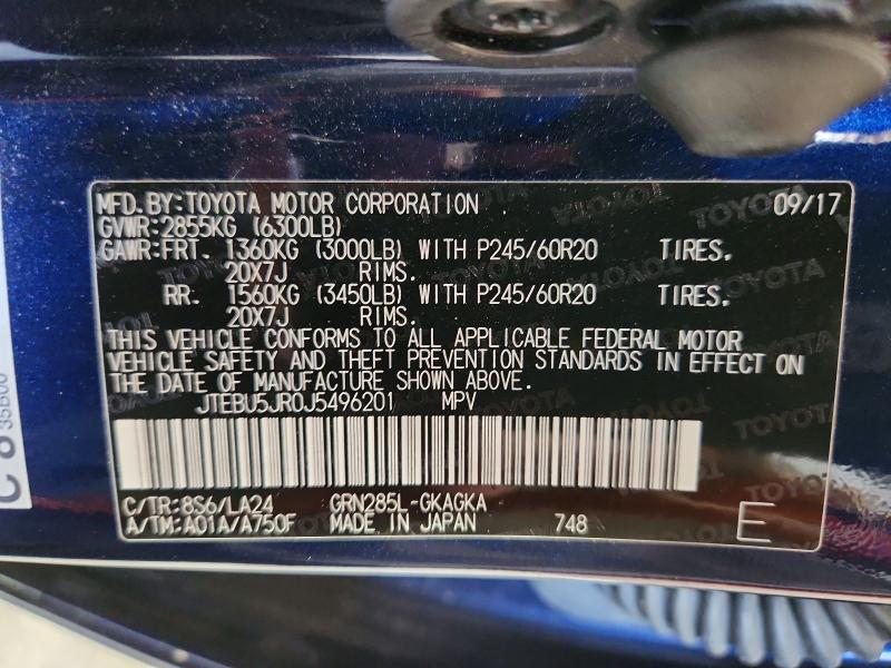 2018 Toyota 4runner მანქანა იყიდება აუქციონზე, vin: JTEBU5JR0J5496201, აუქციონის ნომერი: 63954286