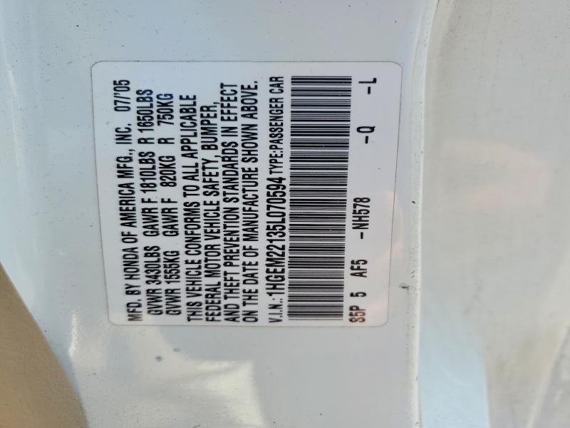 2005 Honda Civic მანქანა იყიდება აუქციონზე, vin: 1HGEM22135L070594, აუქციონის ნომერი: 65125016