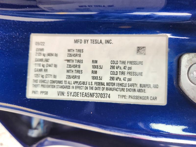 65326036 :رقم المزاد ، 5YJ3E1EA5NF370374 vin ، 2022 Tesla Model 3 مزاد بيع