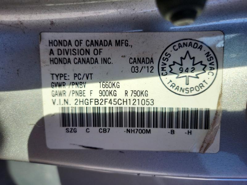 64408066 :رقم المزاد ، 2HGFB2F45CH121053 vin ، 2012 Honda Civic مزاد بيع