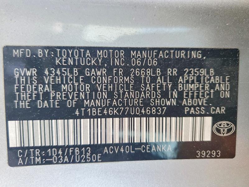 Продажа на аукционе авто 2007 Toyota Camry, vin: 4T1BE46K77U046837, номер лота: 63777936