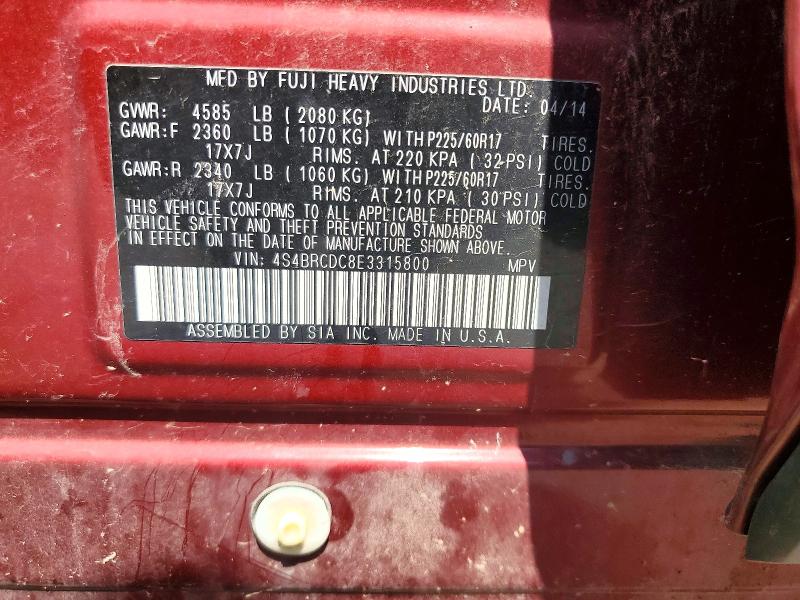 2014 Subaru Outback მანქანა იყიდება აუქციონზე, vin: 4S4BRCDC8E3315800, აუქციონის ნომერი: 66340496