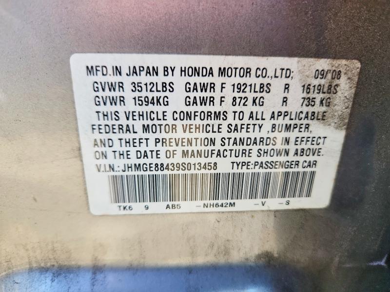 2009 Honda Fit მანქანა იყიდება აუქციონზე, vin: JHMGE88439S013458, აუქციონის ნომერი: 63552236