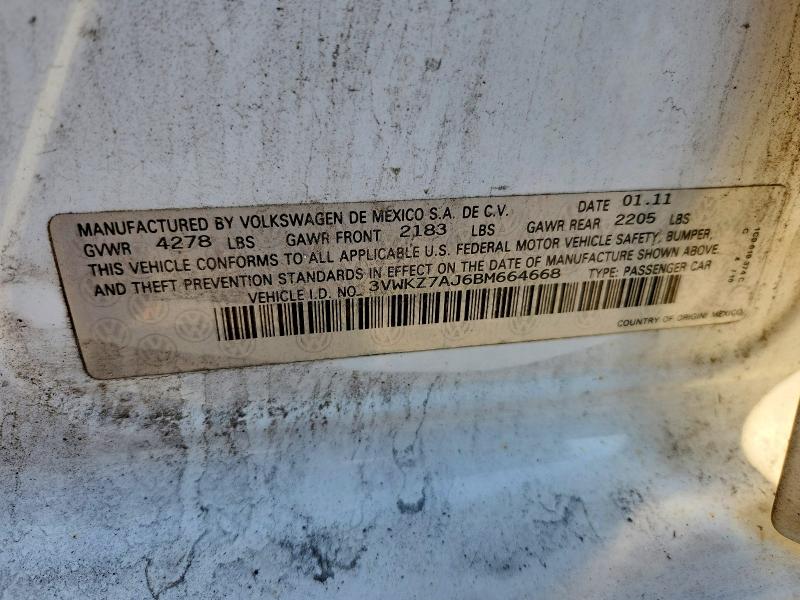 2011 Volkswagen Jetta მანქანა იყიდება აუქციონზე, vin: 3VWKZ7AJ6BM664668, აუქციონის ნომერი: 65406076