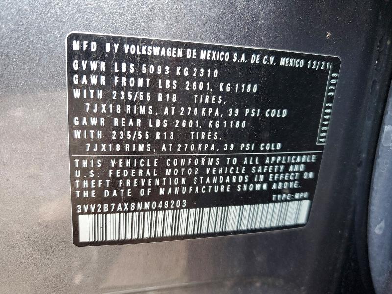 2022 Volkswagen Tiguan მანქანა იყიდება აუქციონზე, vin: 3VV2B7AX8NM049203, აუქციონის ნომერი: 66510856