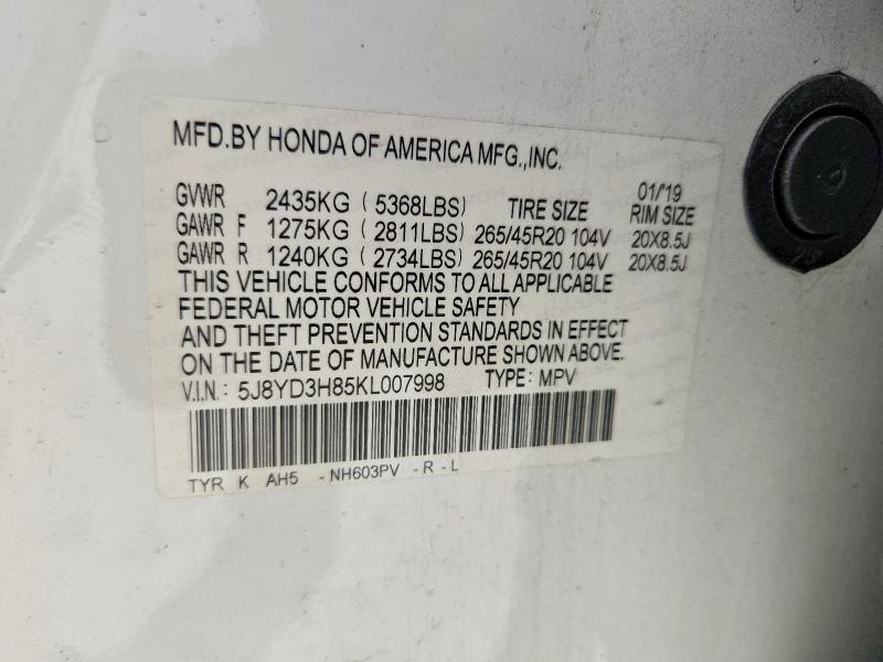 63152696 :رقم المزاد ، 5J8YD3H85KL007998 vin ، 2019 Acura Mdx مزاد بيع