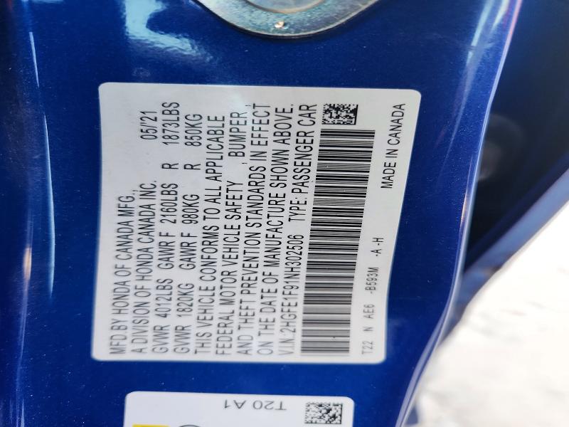 Продаж на аукціоні авто 2022 Honda Civic, vin: 2HGFE1F91NH302506, номер лоту: 64137676