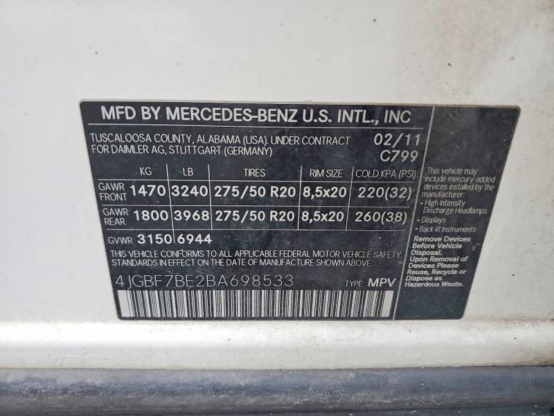 Продажа на аукционе авто 2011 Mercedes-benz Gl, vin: 4JGBF7BE2BA698533, номер лота: 64098616