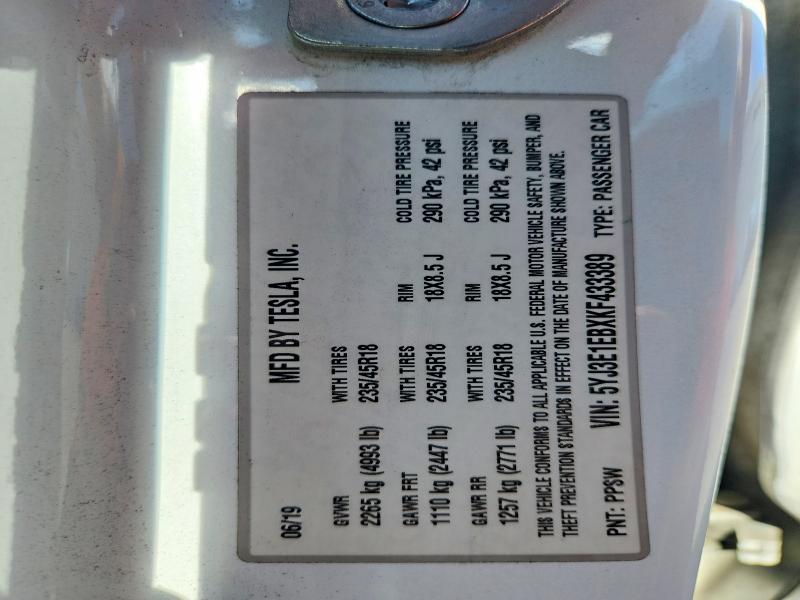 2019 Tesla Model 3 მანქანა იყიდება აუქციონზე, vin: 5YJ3E1EBXKF433389, აუქციონის ნომერი: 64770866