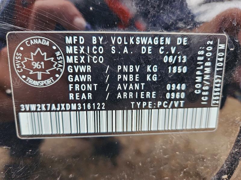 2013 Volkswagen Jetta მანქანა იყიდება აუქციონზე, vin: 3VW2K7AJXDM316122, აუქციონის ნომერი: 63586536